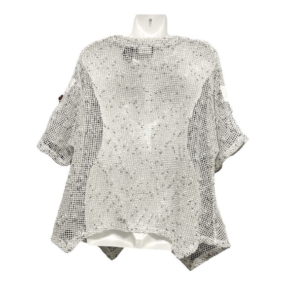 Frazzle  Open Knit Asymmetrical Hem 2 Button Cardigan Size L White Black - Picture 2 of 7